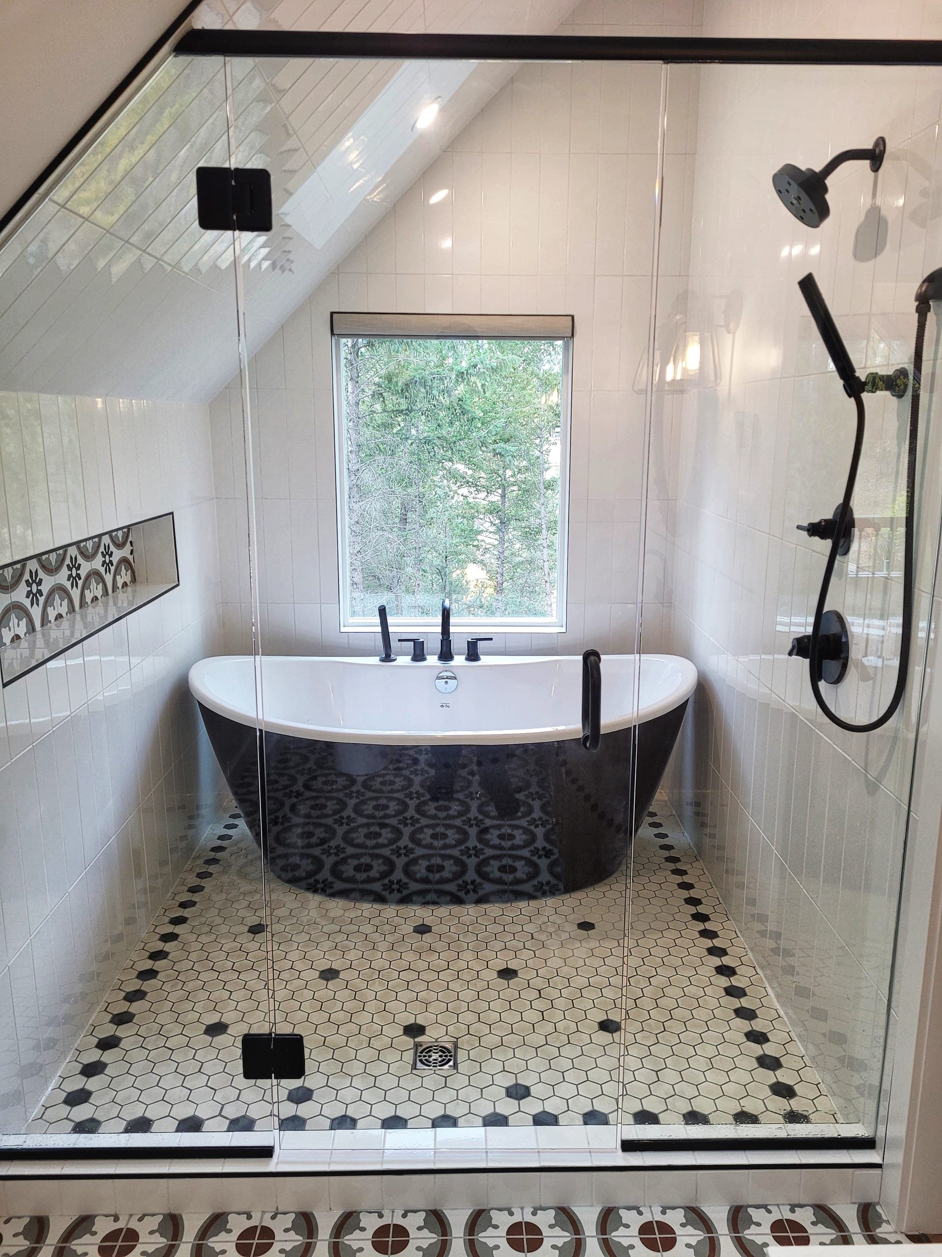 Custom tile bathroom with patterned hex floor