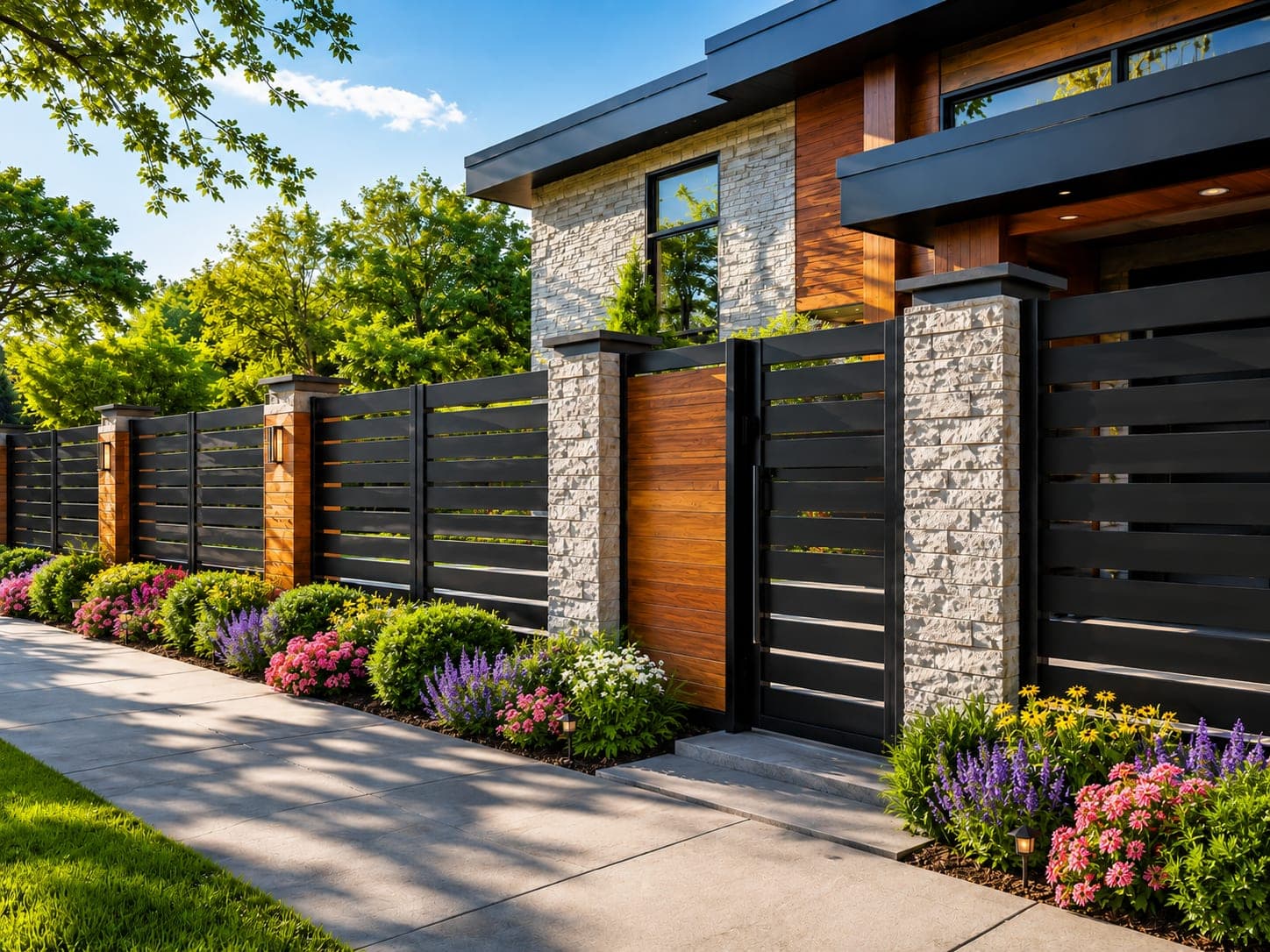 Modern horizontal-slat fence with cultured-stone columns, integrated gate and flowering garden
